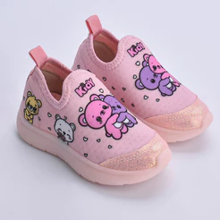 Tênis Infantil Kidy Flex Light Led Nude Calce Fácil Ursinho Leve Macio Antiderrapante