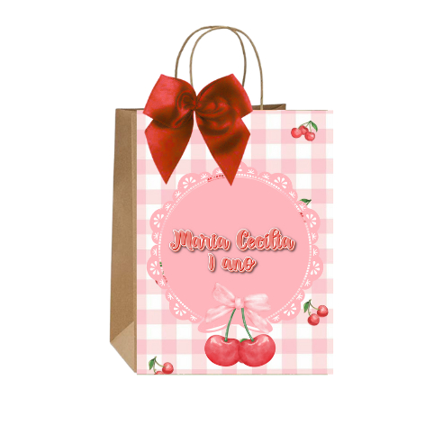 Sacolinhas Kraft Personalizadas Tema Cerejinha Festa de Aniversário Doces Balas Lembrancinhas Acompanha Laço