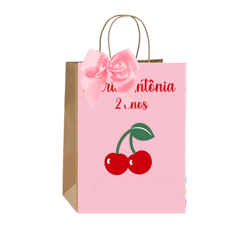 Sacolinhas Kraft Personalizadas Tema Cerejinha Festa de Aniversário Doces Balas Lembrancinhas Acompanha Laço