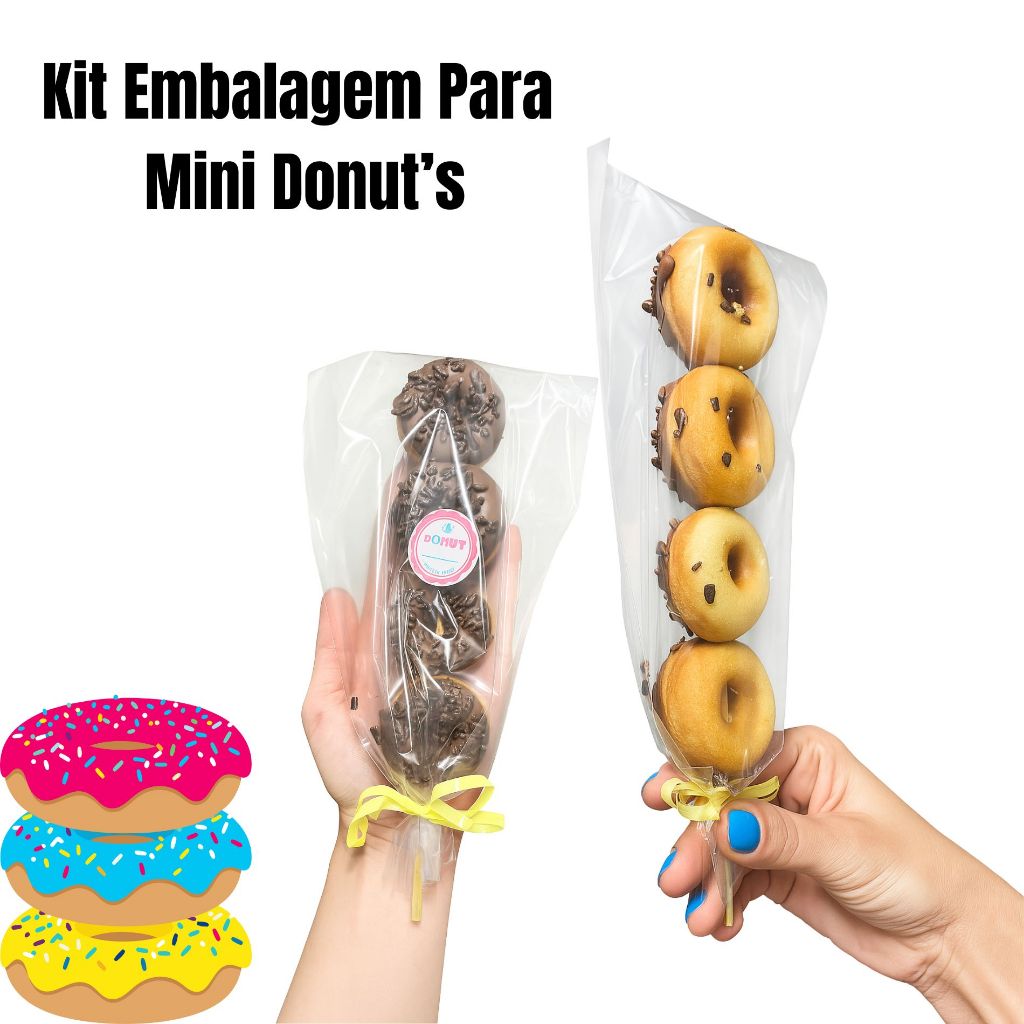 KIT EMBALAGEM MINI DONUT: 100 ESPETO 25CM + 100 UNID SACO P.P 15X25 + 1 ROLO DE FITILHO COLORIDO
