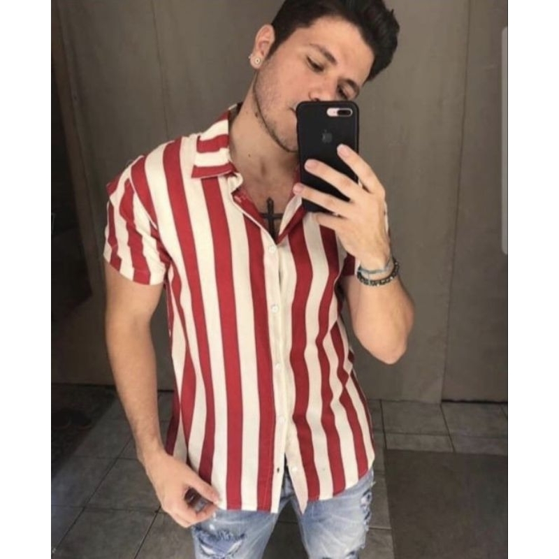 Blusa Camisa De Botão Viscose Manga Curta Listrada Vermelha Unissex