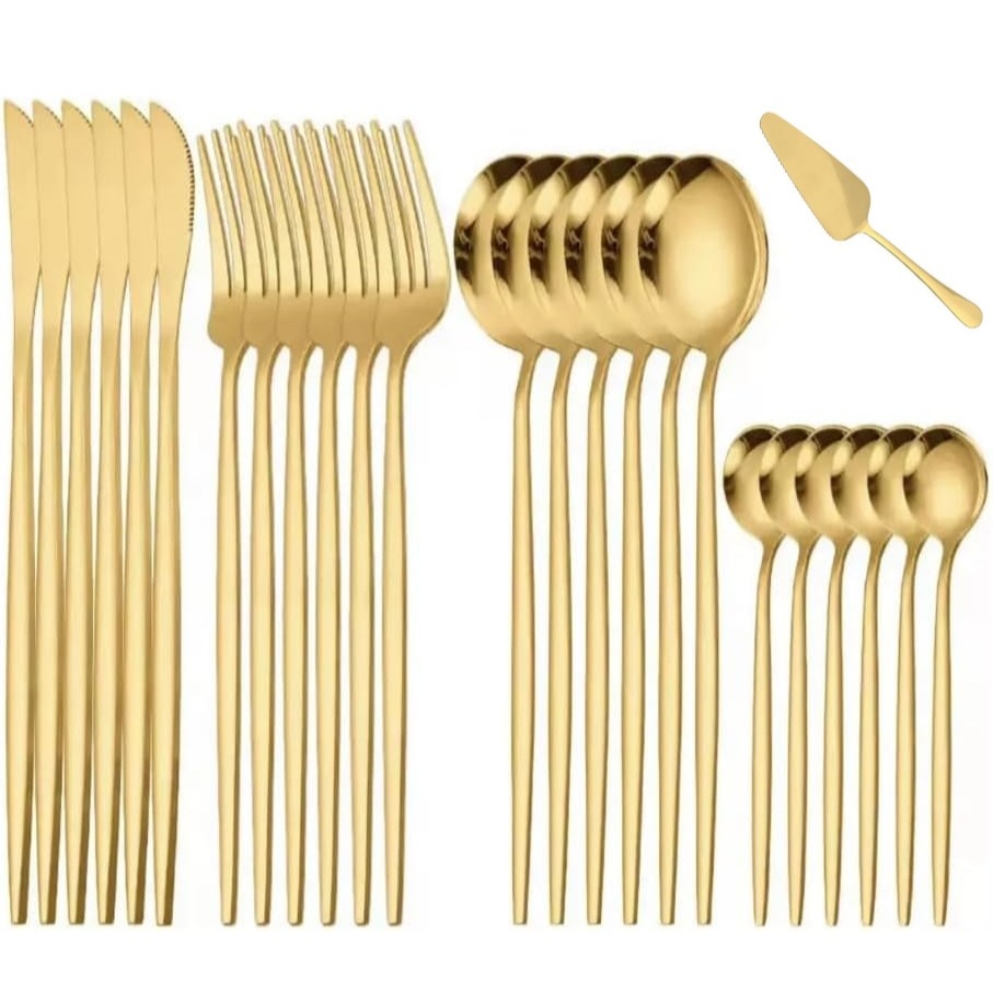 Jogo De Talheres + Espátula para bolo - Faqueiro Mesa 24 Peças Garfo Faca Colher Aço Inox Positano Dourado Luxo