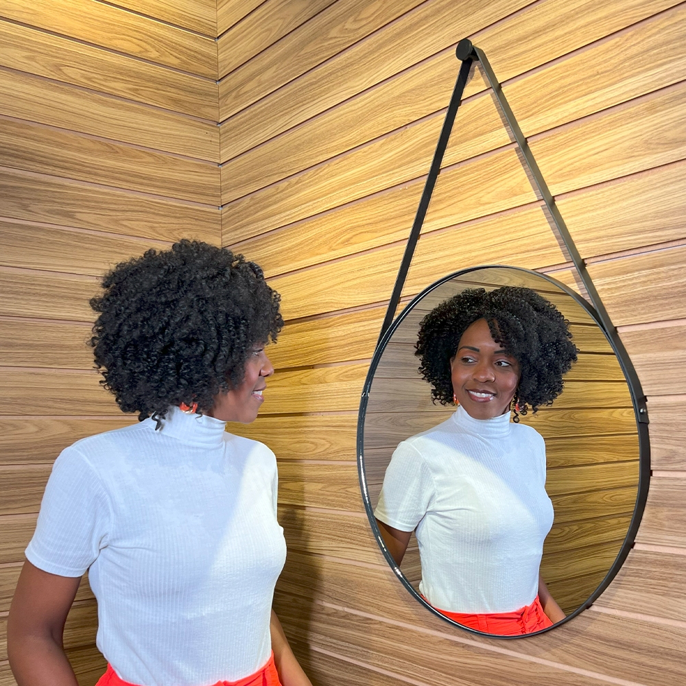 Espelho Redondo Adnet 40 cm Sala / Quarto / Banheiro / Com Alça Couro Suporte em Oferta na Shopee