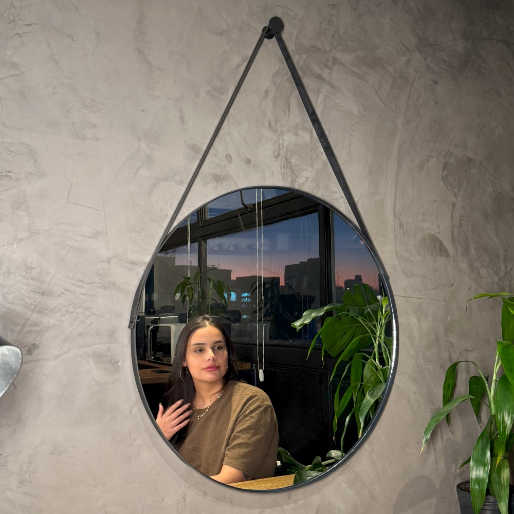 Espelho Redondo Adnet 40cm Com Alça Couro Suporte  Pendurador Sala -Quarto - Banheiro em Oferta na Shopee