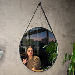 Espelho Redondo Adnet 40cm Com Alça Couro Suporte Pendurador Sala -Quarto - Banheiro