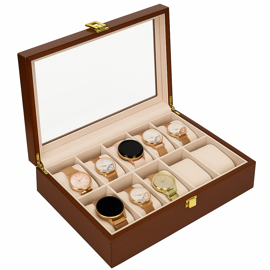 Estojo De Madeira Para 12 Relógios Luxo Com Visor E Trava Porta Relógio