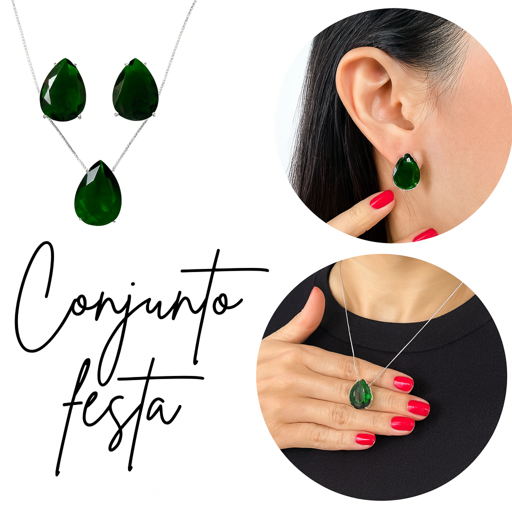 Brinco e corrente feminino prata folheado com uma zircônia verde em formato de gota - festa/formatura/casamento