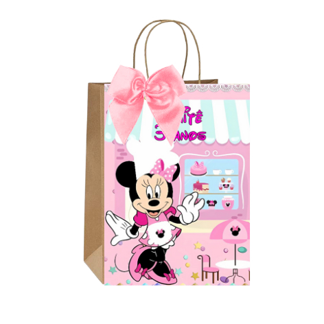 Sacolinhas Kraft Personalizadas Tema Minnie Confeiteira Festa de Aniversário Doces Balas Lembrancinhas Acompanha Laço