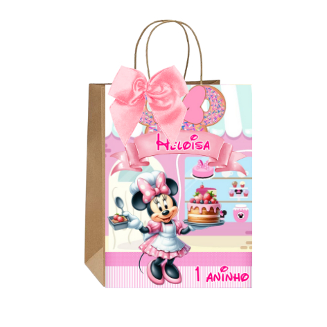 Sacolinhas Kraft Personalizadas Tema Minnie Confeiteira Festa de Aniversário Doces Balas Lembrancinhas Acompanha Laço