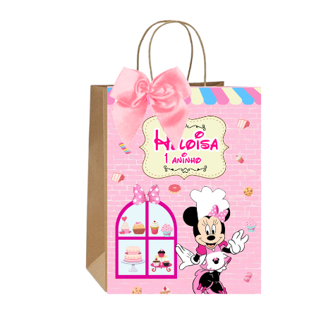 Sacolinhas Kraft Personalizadas Tema Minnie Confeiteira Festa de Aniversário Doces Balas Lembrancinhas Acompanha Laço