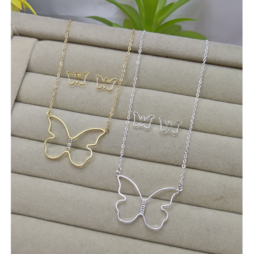 Kit Colar + Brincos Borboleta Feminino Folheado Ouro 18K É Prata 925