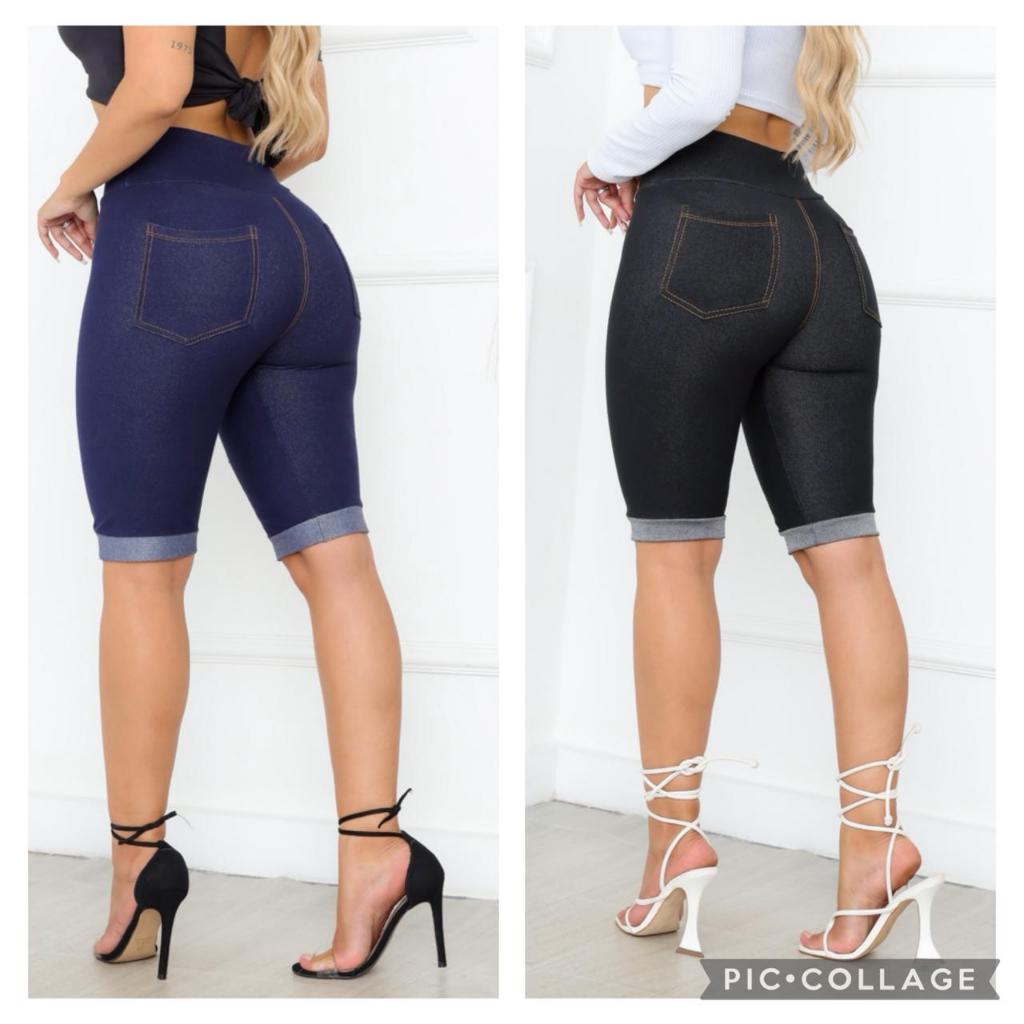 KIT de 2 BERMUDAS MALHA IMITAÇÃO DE JEANS E NO COTON TECIDO PA CINTURA ALTA