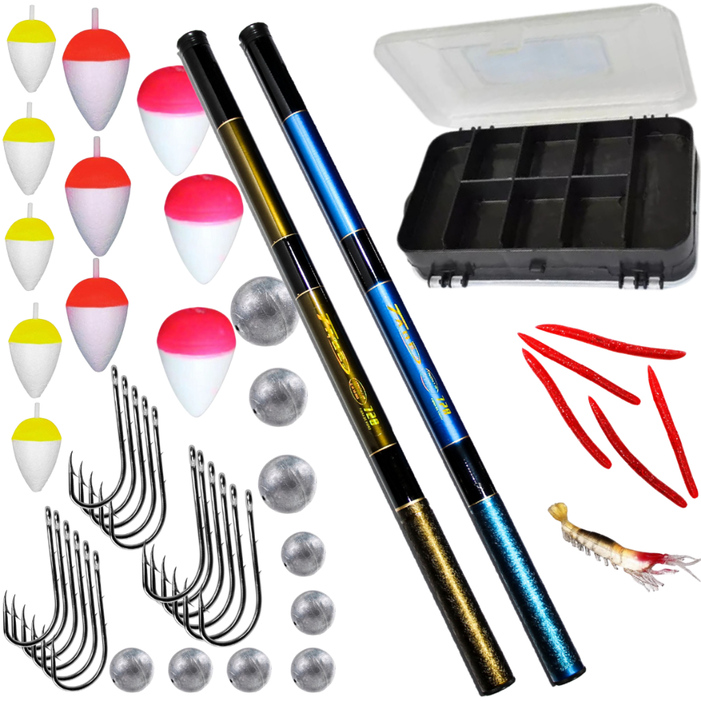 Kit pesca 2 varas Telescópicas 1,80 mts e 3,60 mts estojo com acessórios isca boinha chumbada e Anzol