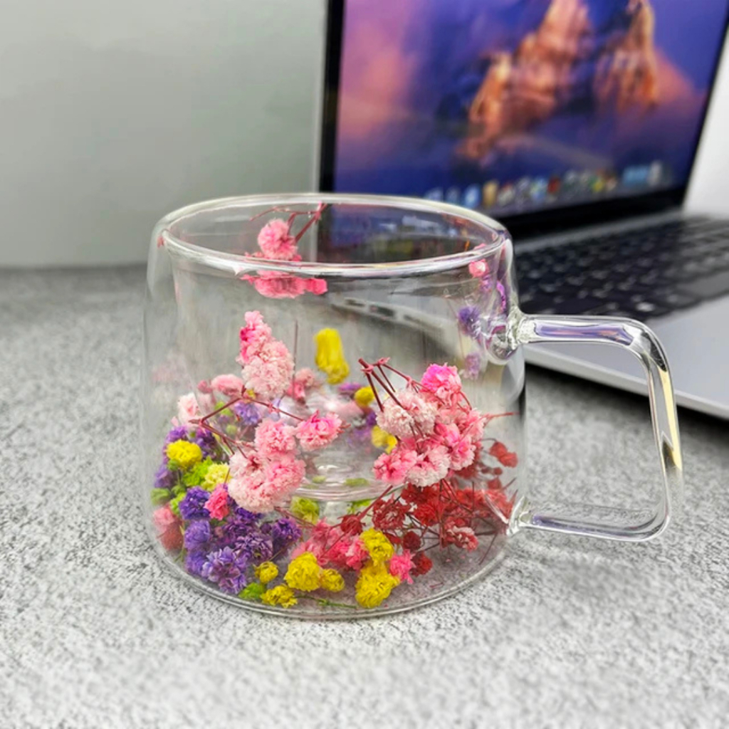 Lindo kit com 1, 2, 3 ou 4 Xícaras Caneca copo de vidro duplo com flores colorida no interior café chá design moderno