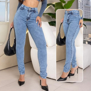 Calça Feminina Jeans Skinny Marmorizada Cinyura Alta Com Lycra Levante Bumbum Lançamento em Oferta na Shopee