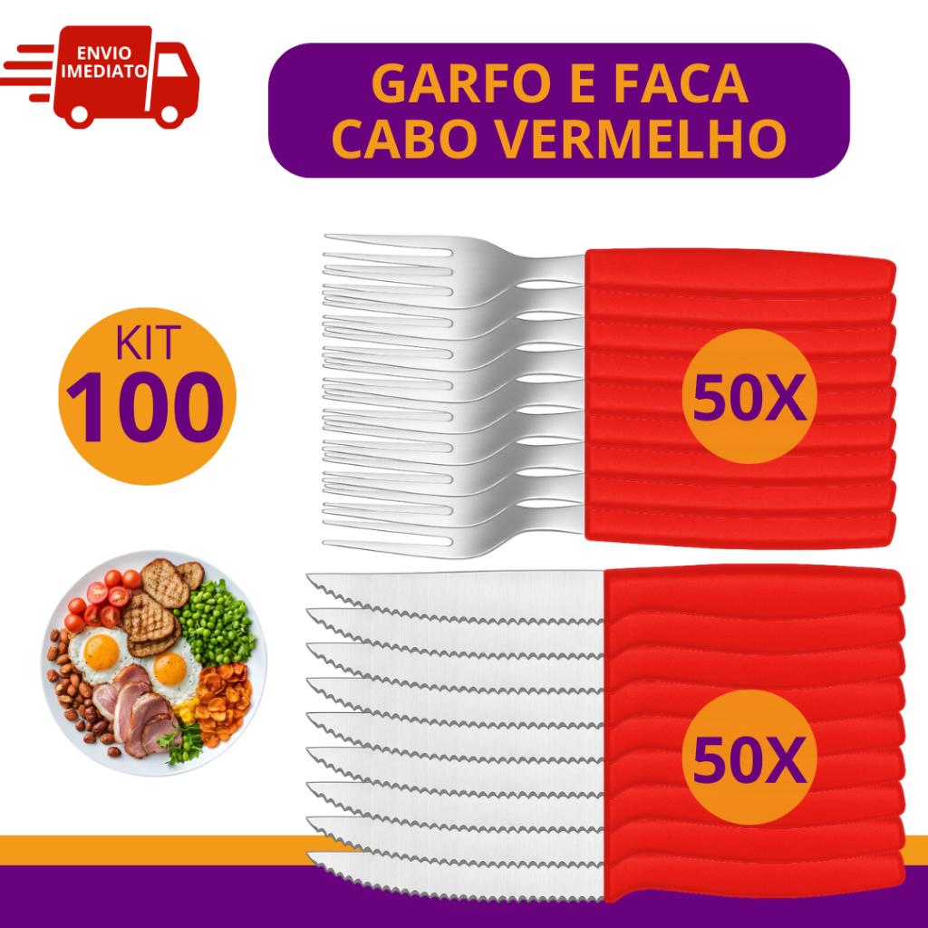 Conjunto 100 Talheres Cabo Vermelho Para Restaurantes 50 Garfos + 50 Facas Churrasco Pizzarias