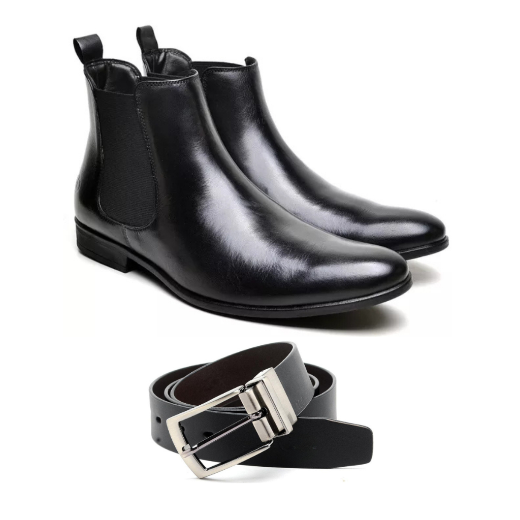 Kit Bota Masculina Chelsea Couro Legitimo Original Cano Curto Clássica Atemporal Mais Cinto Dupla Face Sintético