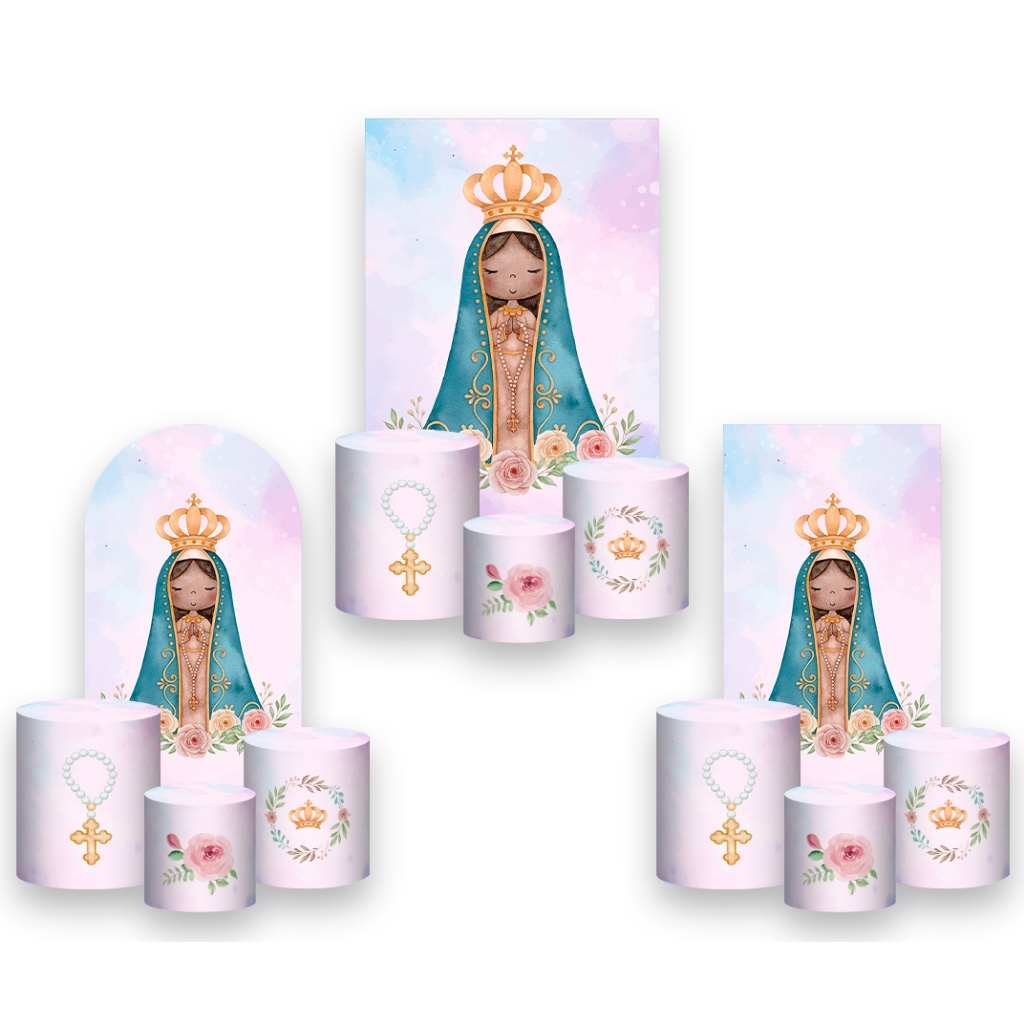 Painel De Festa Vertical + Trio De Capa Cilindro - Nossa Senhora Aparecida Santa Aquarela 003