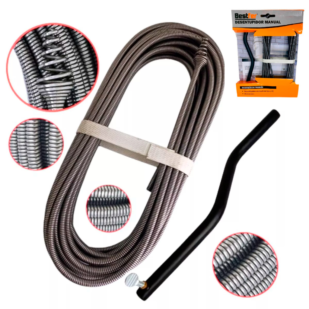 Desentupidor Manual 5m/10m ou 15m Mola de Aço Ralo Pia Banheiro Cozinha Quintal Cano Calha Bestfer