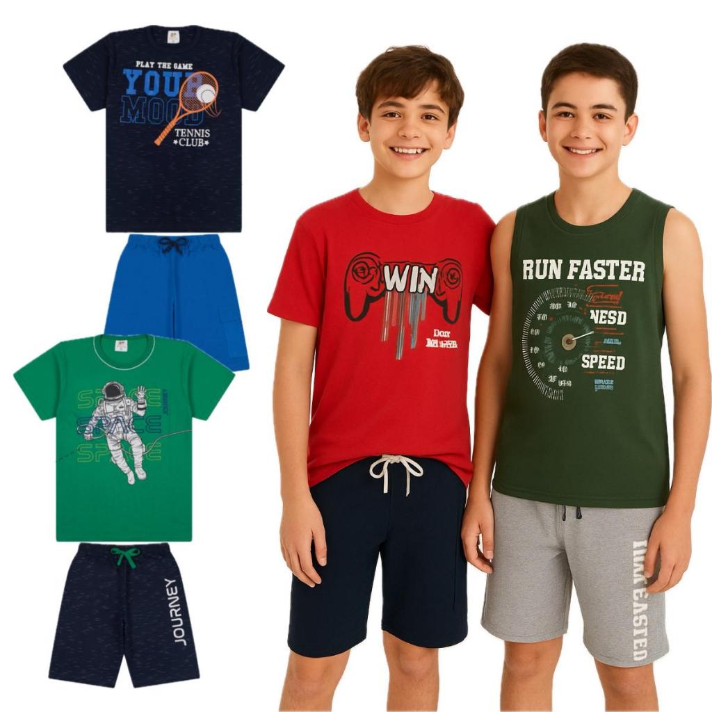 Kit 3 Conjuntos Juvenil para Meninos - Conjunto Masculino Estampado Verão