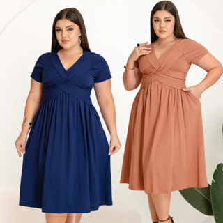 Vestido Plus Size Longo Moda Evangélica Elegante Com Bolsos Decote Trançado em Oferta na Shopee