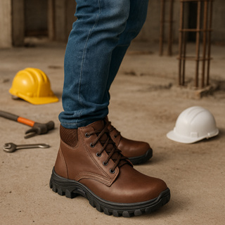 Bota de Couro para Obra, EPI com CA, Solado Antiderrapante, Segurança, Resistência e Durabilidade em Oferta na Shopee