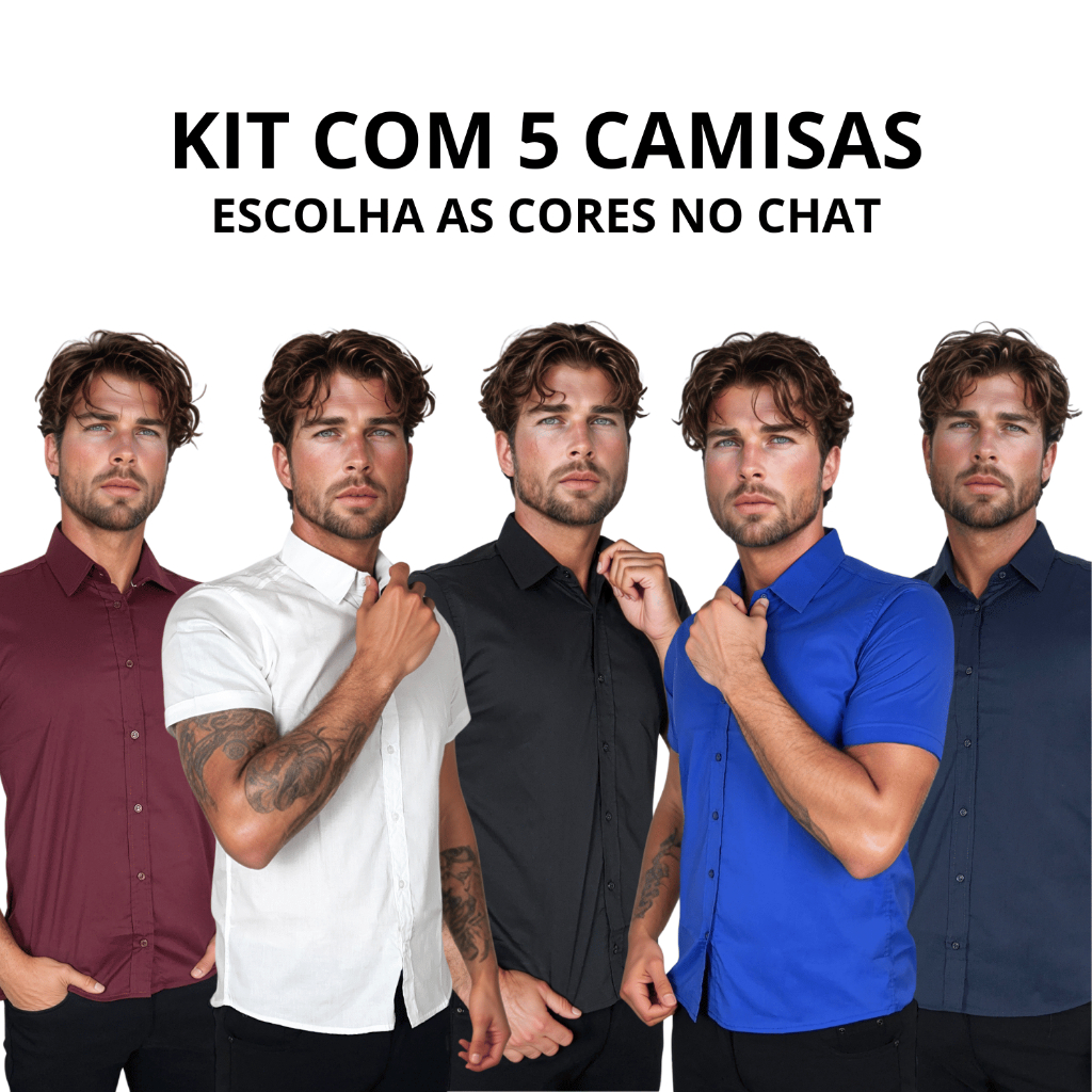 Kit 5 Camisa Social Slim Curta Elastano Casual Premium Elegante Luxo Masculina Slim Premium