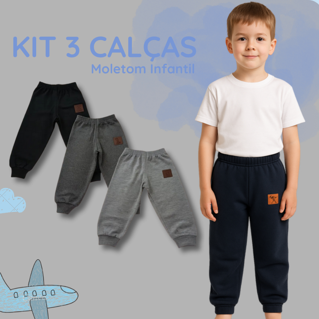 kit 3 calça moletom infantil peluciado com detalhe em courinho inverno meninos confortável quentinha
