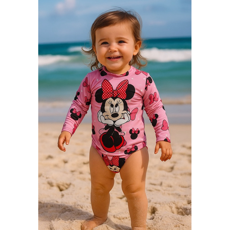 CONJUNTO PRAIA COM PROTEÇÃO UV 50+, CONJUNTO CONTÉM BIQUINI E CAMISA, TEMAS LABUBU SKYE PATRULHA CANINA, MINNIE, ANGEL