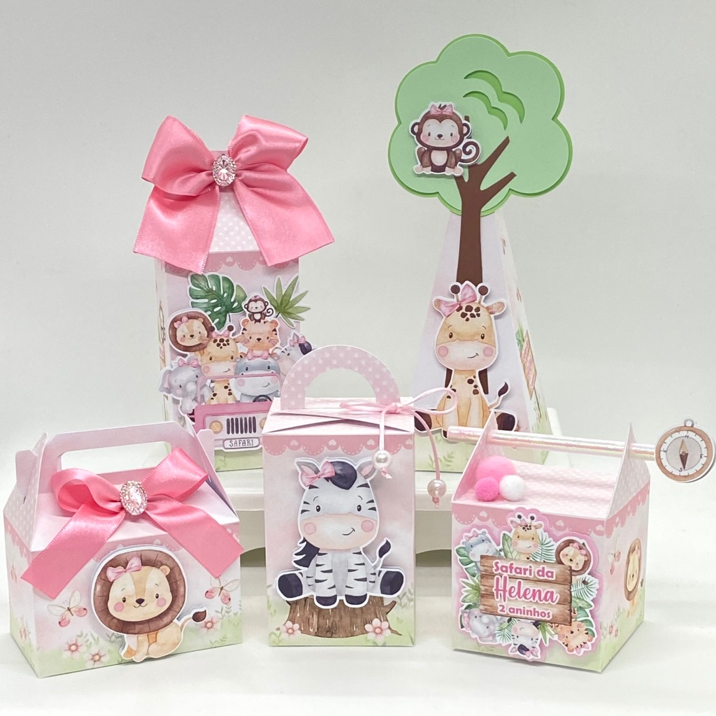 Kit Festa Safari Menina Personalizado / Lembrancinhas /Aniversário/ Festa/ Caixinhas Safari Rosa Milk Pirâmide Maletinha