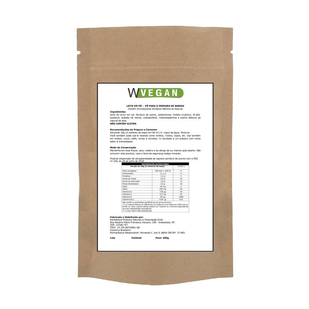 Leite em pó Vegetal Arroz 1Kg Embalagem Refil WVegan Po