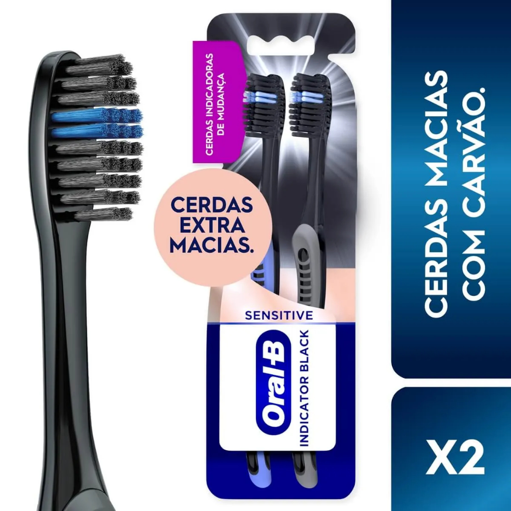 Escova de dente Oral B indicator black sensitive com carvão 2 unidades em Oferta na Shopee