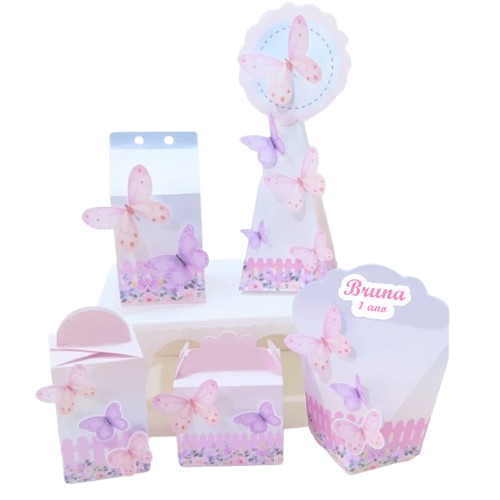 Kit Festa Jardim das Borboletas Personalizado | Lembrancinhas Caixa Milk e Pirâmide | Aniversário Infantil envio rápido
