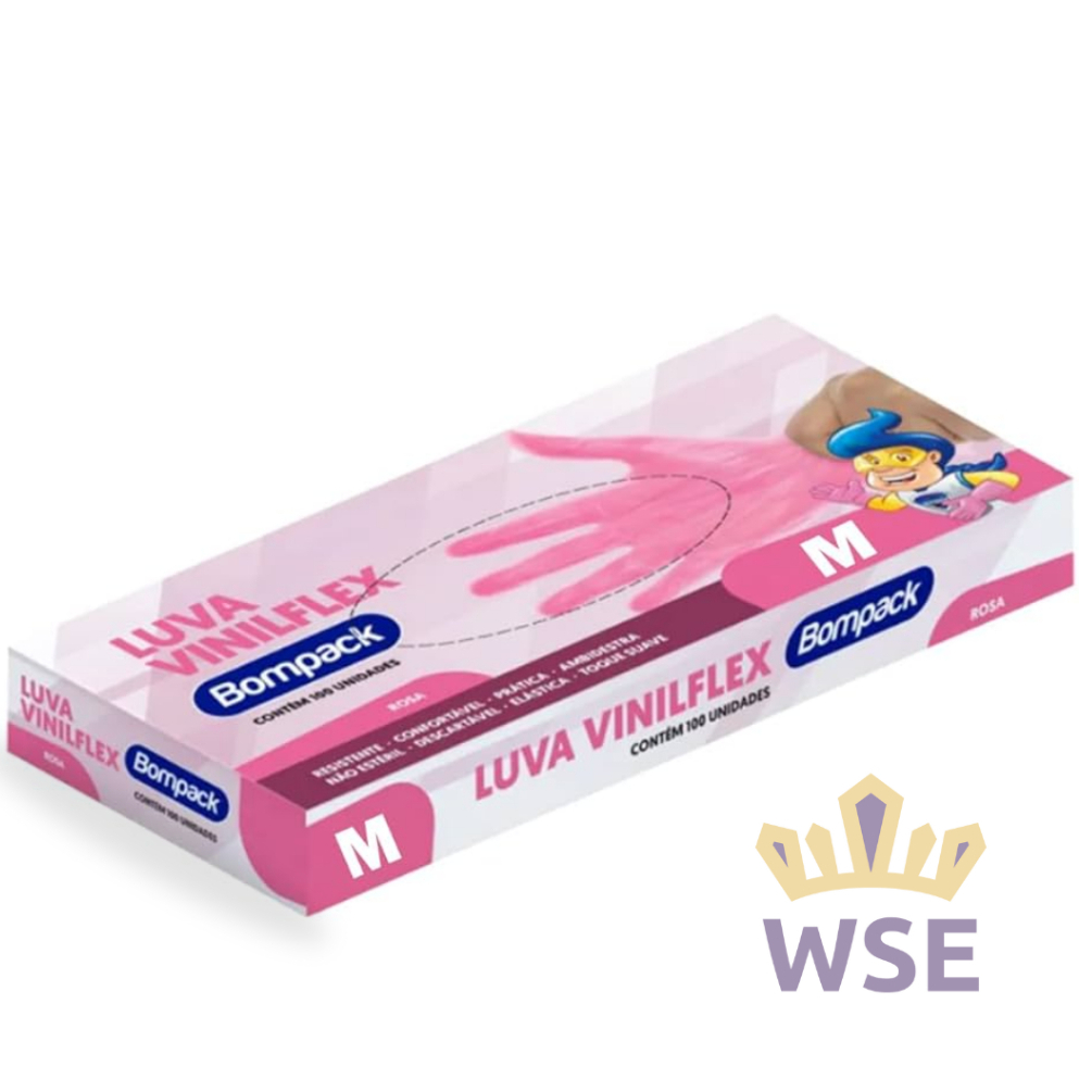 Luva Rosa Newflex Bompack s/ Pó com 100 Unidades Tamanho P M G | Descartável | Envio Imediato