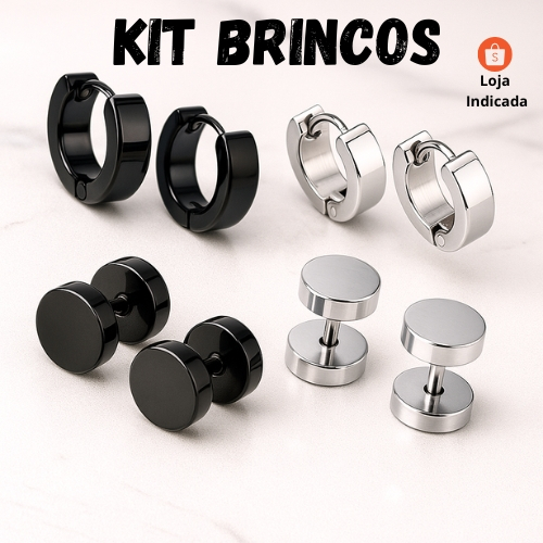 Kit 4 pares de Brinco Falso Alargador Preto Prata e Argola Preta Prata Masculina em Oferta na Shopee
