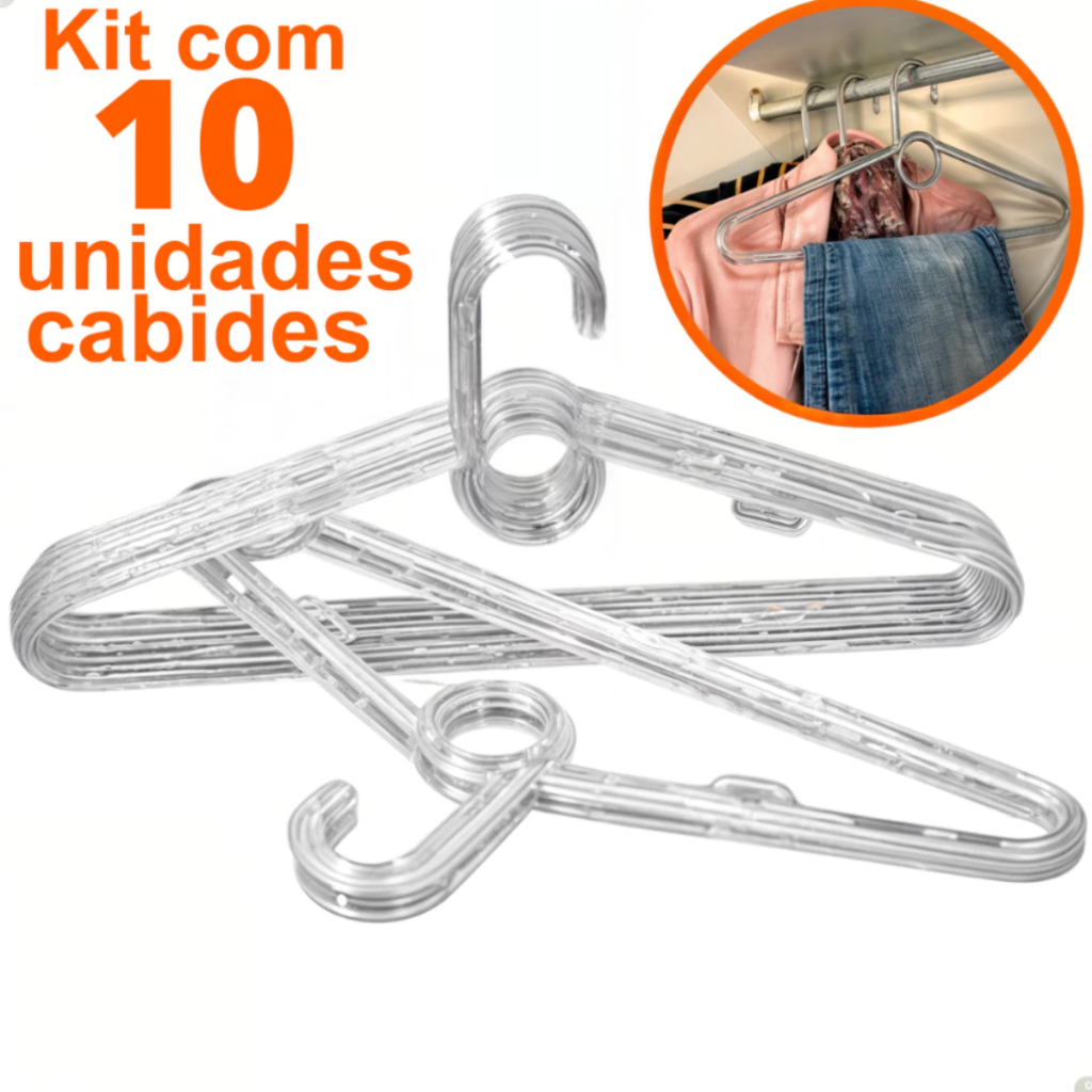 Kit 10 Cabides Adulto Acrilico Transparente Reforçado Organizador de Roupas