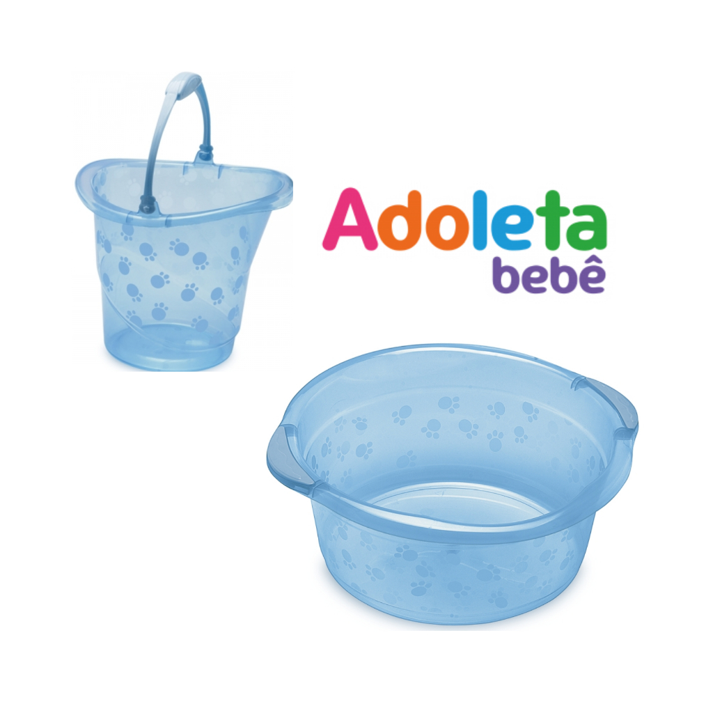Kit Banho Infantil Azul Transparente Adoleta | Balde 13L + Bacia 15L