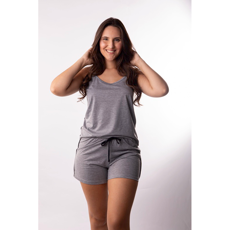 Pijama Feminino alça cinza mescla com detalhes em preto em Oferta na Shopee