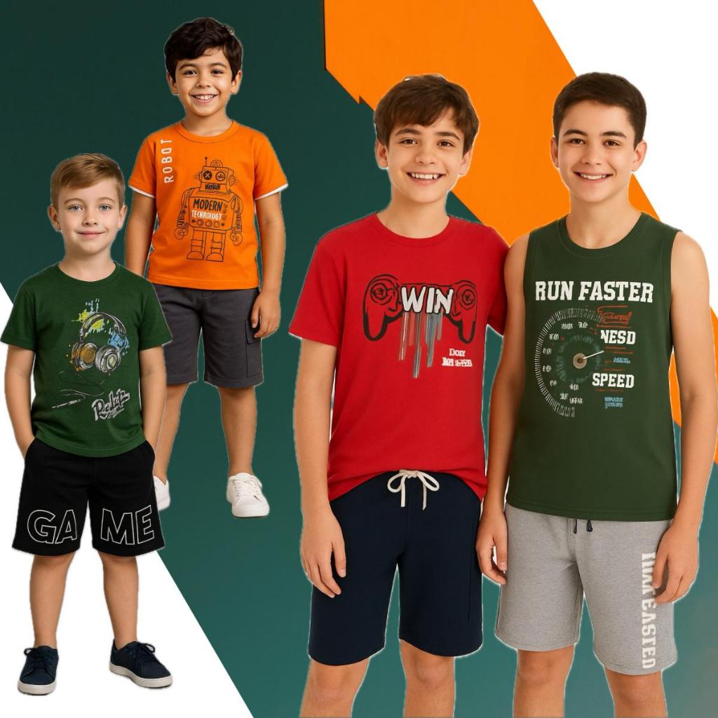Kit 3 Conjuntos Infantil e Juvenil Menino - Conjunto Masculino Estampado Primavera e Verão