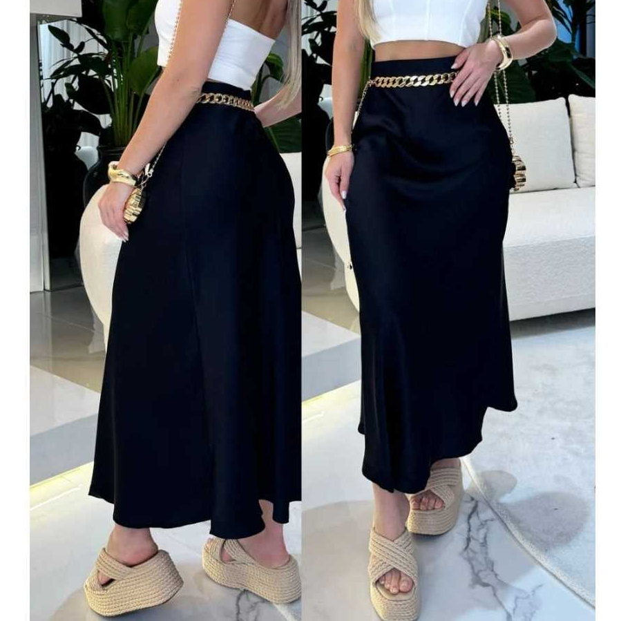 Saia Mídi Feminina Cetim Cintura Alta com Ziper Casual e Elegante Moda Evangelica em Oferta na Shopee