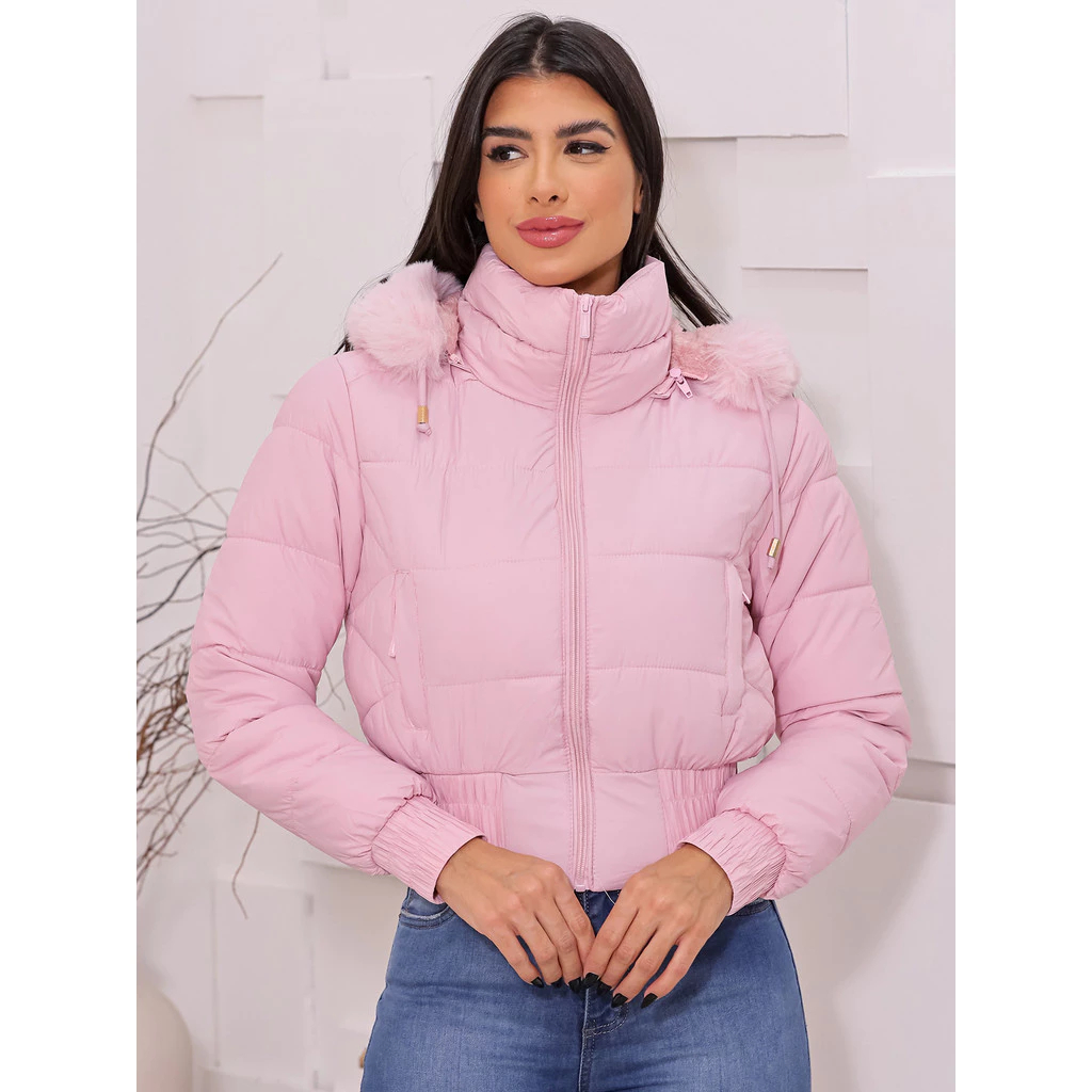 Jaqueta Puffer Feminina Cropped Curta Impermeável Bobojaco Pelúciada Casaco Frio Inverno Quentinha