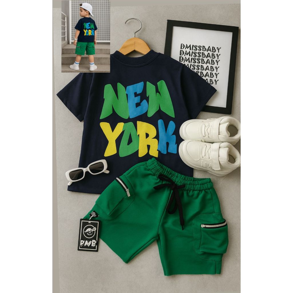 Conjunto Infantil Masculino Streetwear Oversized Moderno –MALHA LEVE,Forma Grande |camisa MARINHO NEW+FALCON VERDE
