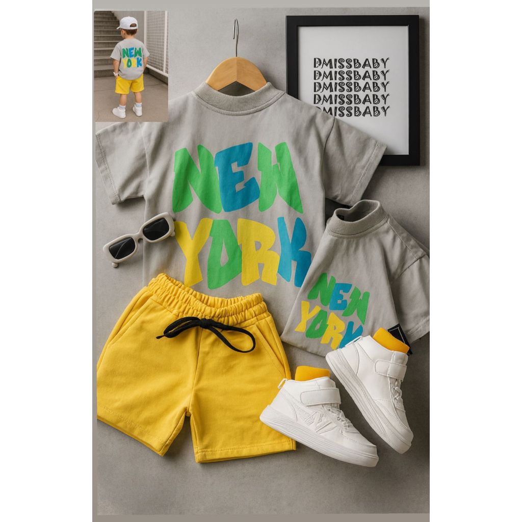 Conjunto Infantil Masculino Streetwear Oversized Moderno –MALHA LEVE, Forma Grande |camisa CINZA NEW+teco AMARELA