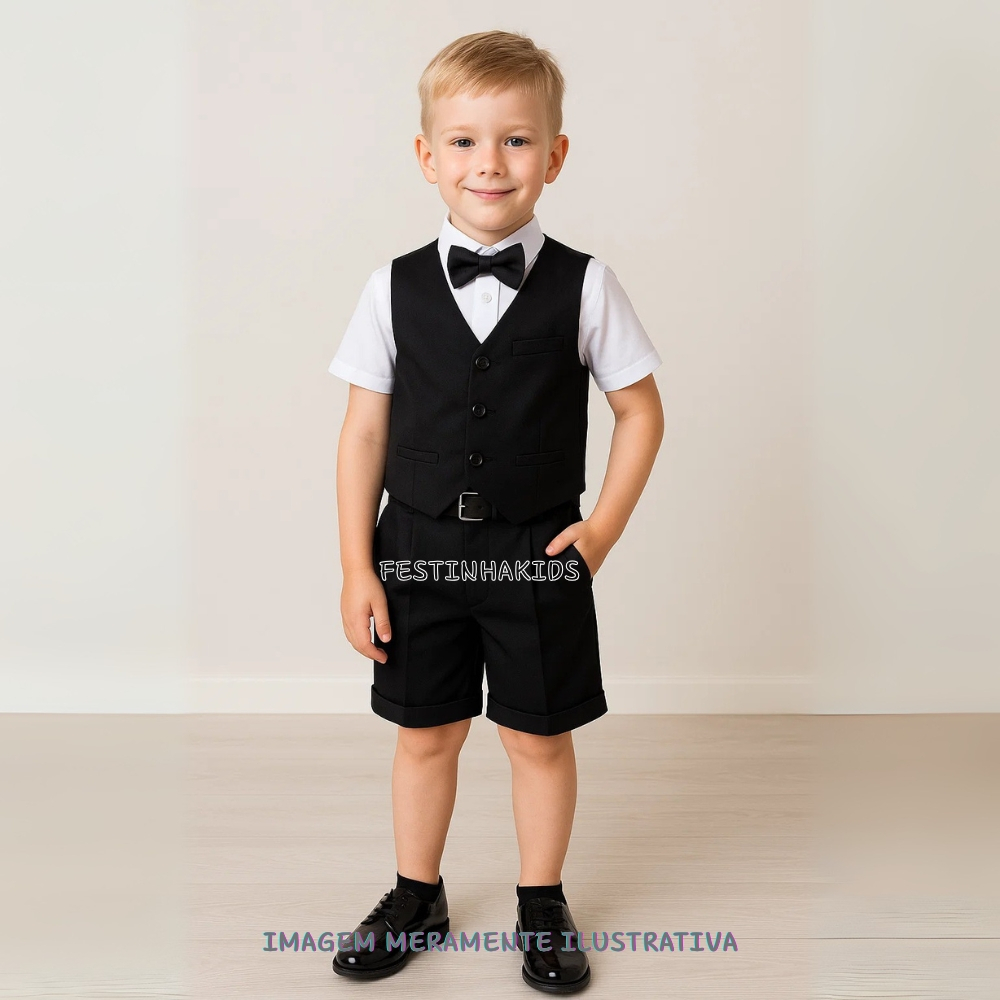Conjunto Infantil Social Miss Cherry Leandro Colete Preto Festa Pajem Formatura