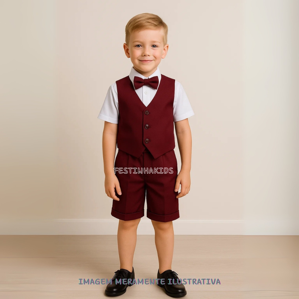 Conjunto Infantil Social Miss Cherry Leandro Colete Marsala Festa Batizado Pajem Formatura