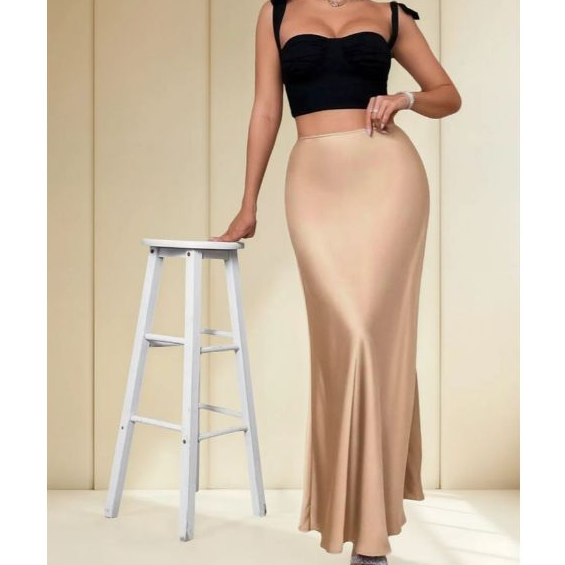 Saia Longa Evace Tecido Cetim fino Zíper na Lateral Elástico na Cintura sem forro Moda Evangélica em Oferta na Shopee