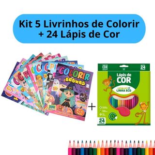 Kit 5 Livrinhos de Colorir Revistinha + 24 Lápis de Cor Kit Festa Infantil Lembrancinha