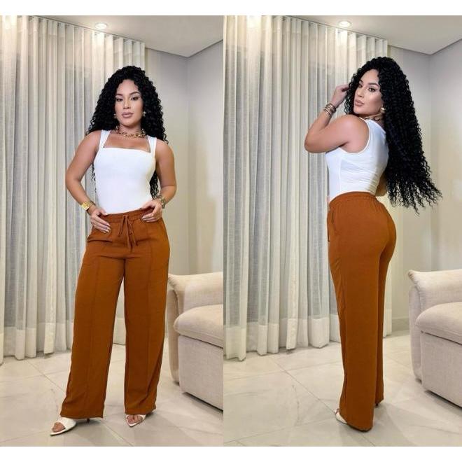 Calça Pantalona alfaiataria Feminina com bolso cintura alta tecido Duna