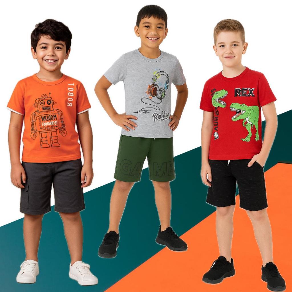 Kit 3 Conjuntos Infantil Menino - Conjunto Masculino Primavera e Verão Estampado