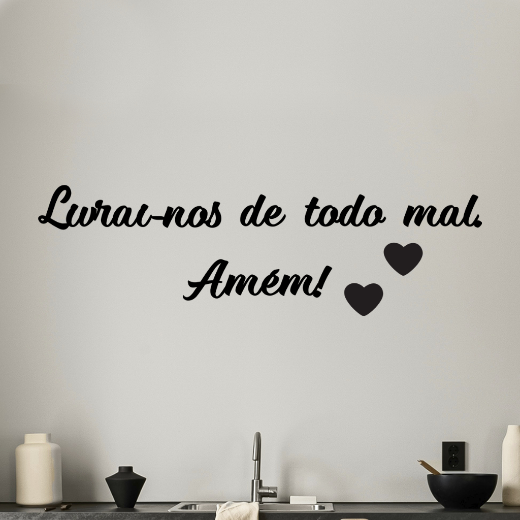 Religioso Frase Livrai-nos de Todo Mal Amém MDF Quadro Decorativo 3mm Preto Fosco